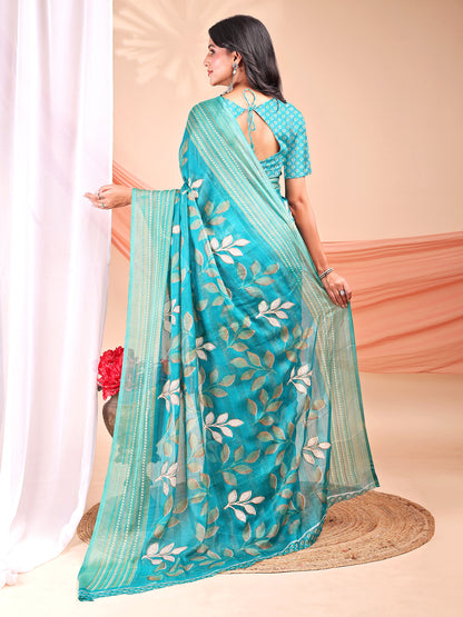 Leelavati Printed, Embellished, Embroidered Daily Wear Chiffon Saree (Light Blue)