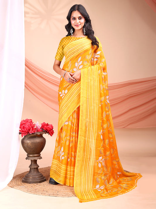 Leelavati Printed, Embellished, Embroidered Daily Wear Chiffon Saree (Yellow)