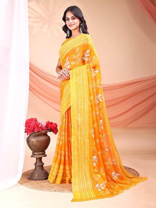 Leelavati Printed, Embellished, Embroidered Daily Wear Chiffon Saree (Yellow)