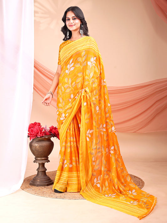 Leelavati Printed, Embellished, Embroidered Daily Wear Chiffon Saree (Yellow)