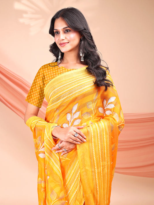 Leelavati Printed, Embellished, Embroidered Daily Wear Chiffon Saree (Yellow)