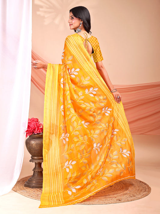 Leelavati Printed, Embellished, Embroidered Daily Wear Chiffon Saree (Yellow)