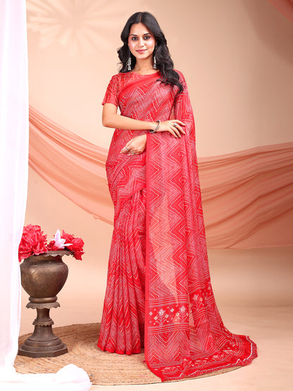 Leelavati Printed, Embellished, Embroidered Daily Wear Chiffon Saree (Red)