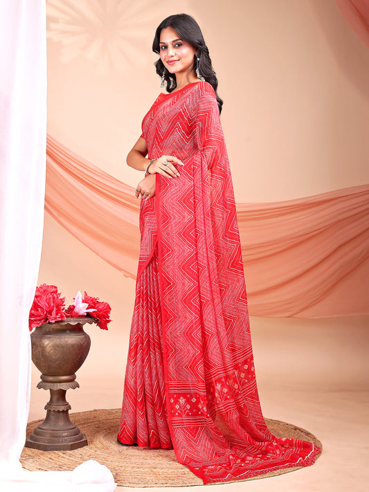 Leelavati Printed, Embellished, Embroidered Daily Wear Chiffon Saree (Red)