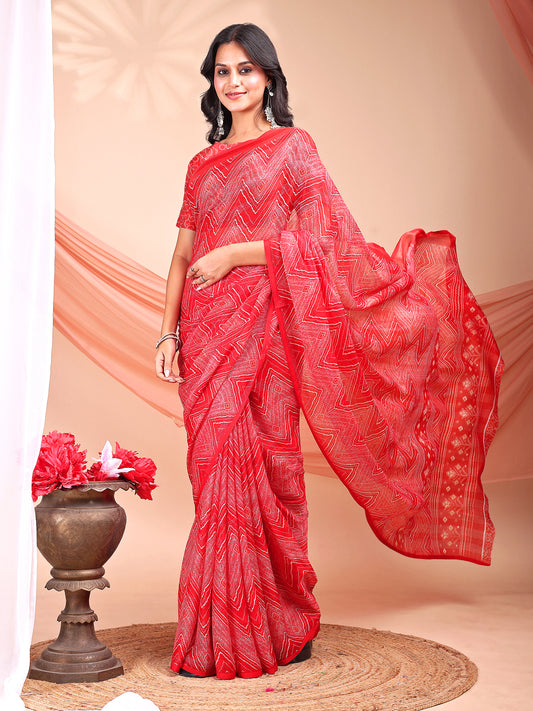 Leelavati Printed, Embellished, Embroidered Daily Wear Chiffon Saree (Red)