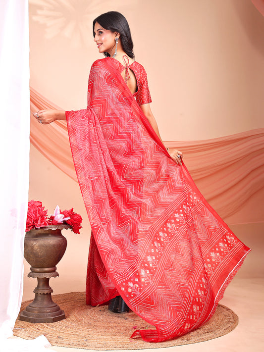 Leelavati Printed, Embellished, Embroidered Daily Wear Chiffon Saree (Red)