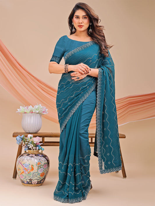 Leelavati Embellished Bollywood Chiffon Saree (Blue)