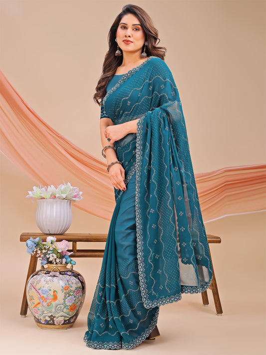 Leelavati Embellished Bollywood Chiffon Saree (Blue)