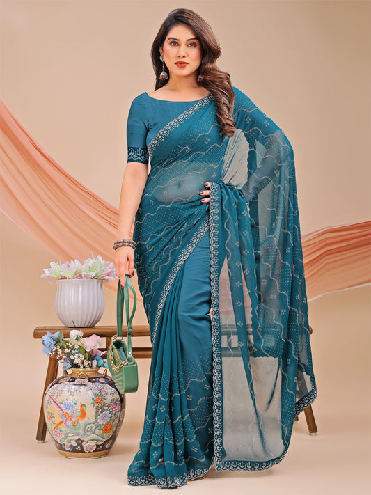 Leelavati Embellished Bollywood Chiffon Saree (Blue)
