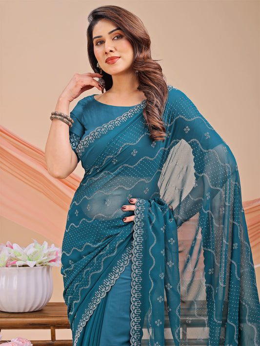 Leelavati Embellished Bollywood Chiffon Saree (Blue)