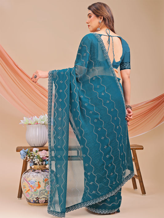 Leelavati Embellished Bollywood Chiffon Saree (Blue)