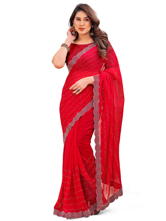 Leelavati Embellished Bollywood Chiffon Saree (Red)