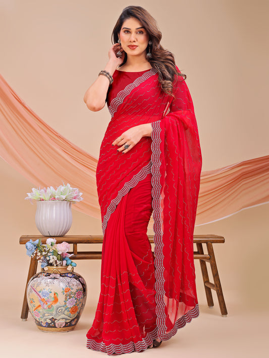 Leelavati Embellished Bollywood Chiffon Saree (Red)