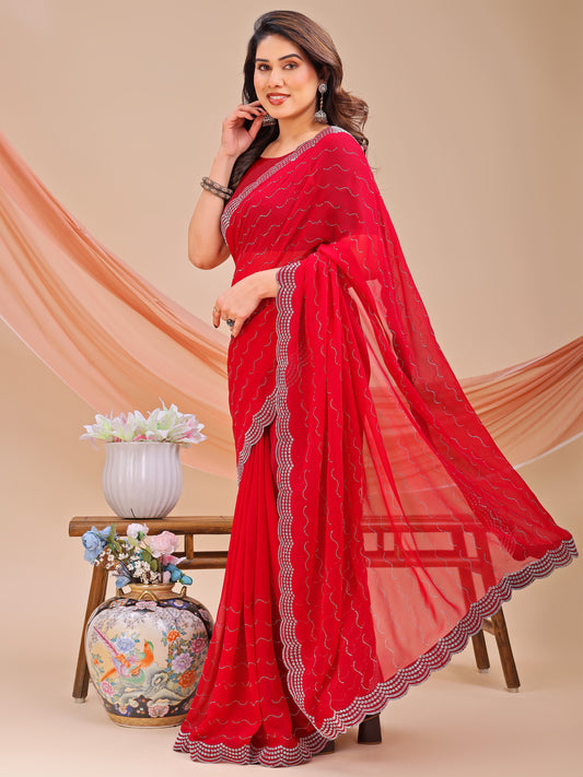 Leelavati Embellished Bollywood Chiffon Saree (Red)