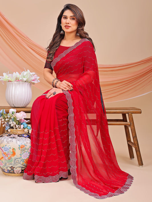 Leelavati Embellished Bollywood Chiffon Saree (Red)