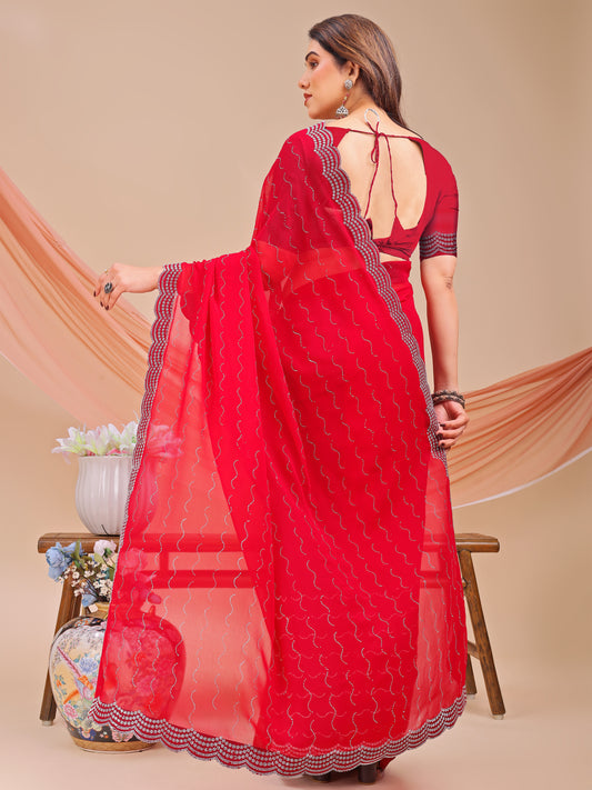 Leelavati Embellished Bollywood Chiffon Saree (Red)