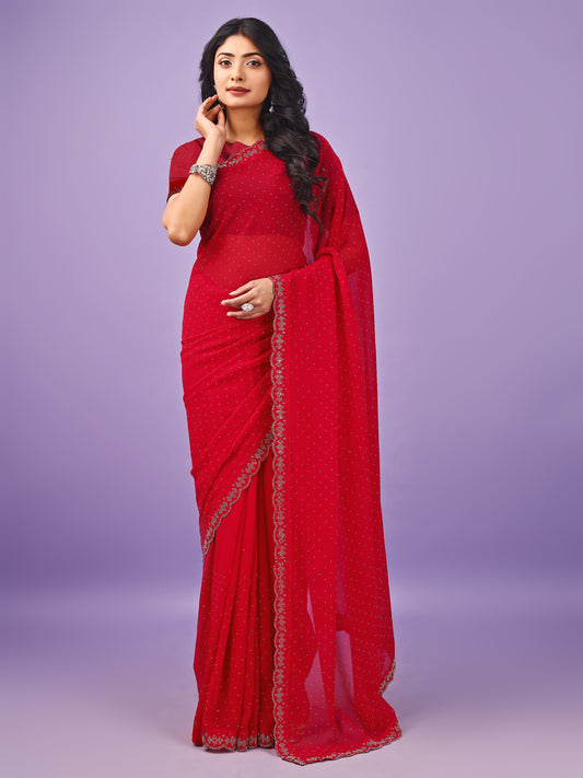 Leelavati Embellished Bollywood Chiffon Saree (Red)