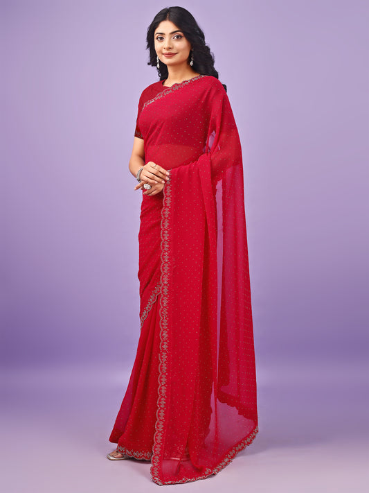 Leelavati Embellished Bollywood Chiffon Saree (Red)