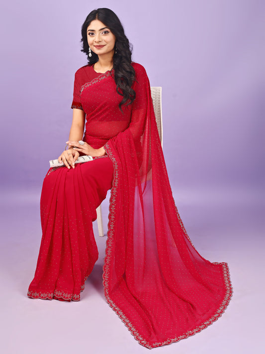 Leelavati Embellished Bollywood Chiffon Saree (Red)