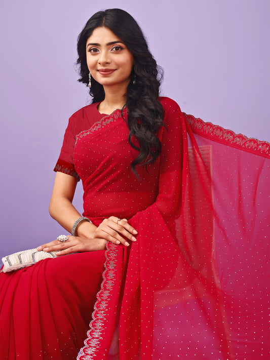 Leelavati Embellished Bollywood Chiffon Saree (Red)