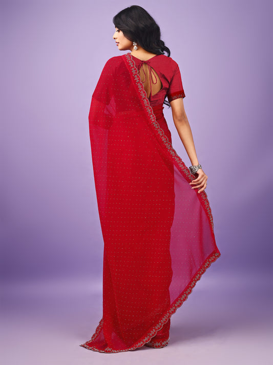 Leelavati Embellished Bollywood Chiffon Saree (Red)