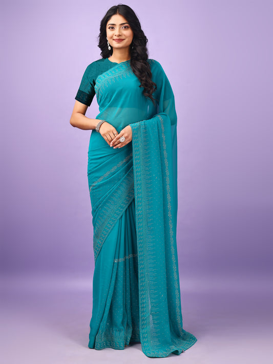 Leelavati Embellished Bollywood Chiffon Saree (Pack of 2, Blue)