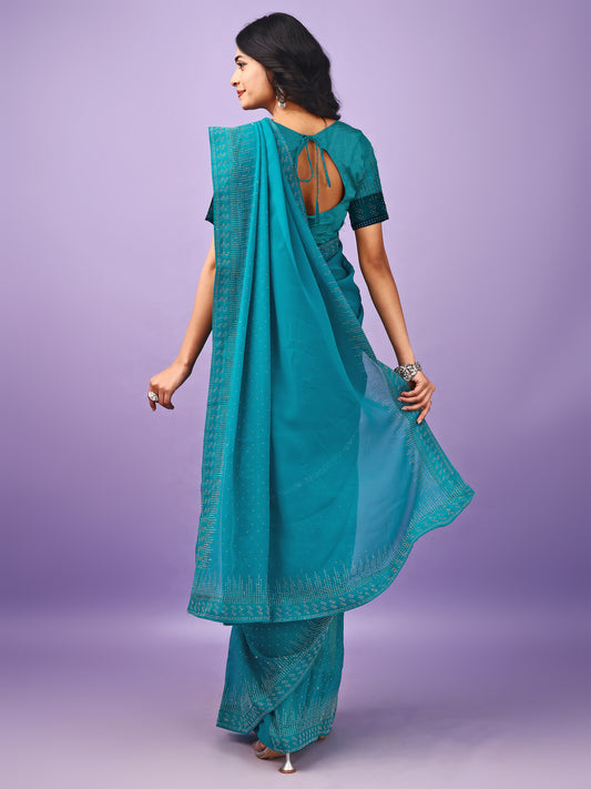 Leelavati Embellished Bollywood Chiffon Saree (Pack of 2, Blue)
