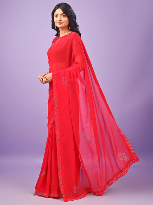 Leelavati Embellished Bollywood Chiffon Saree (Red)