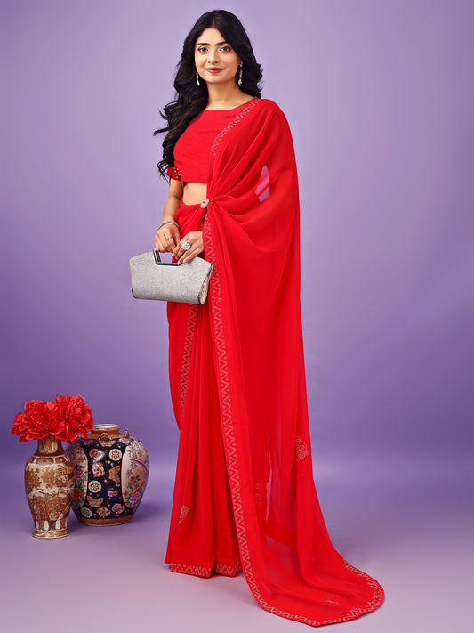 Leelavati Embellished Bollywood Chiffon Saree (Red)