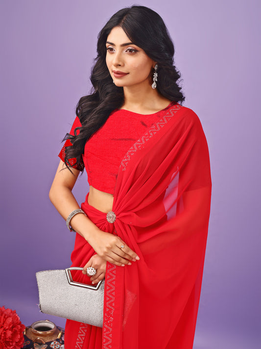 Leelavati Embellished Bollywood Chiffon Saree (Red)