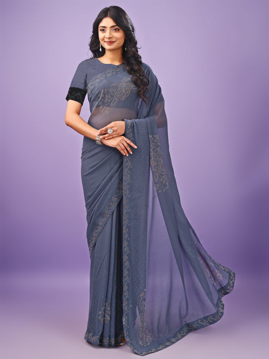 Leelavati Embellished Bollywood Chiffon Saree (Grey)