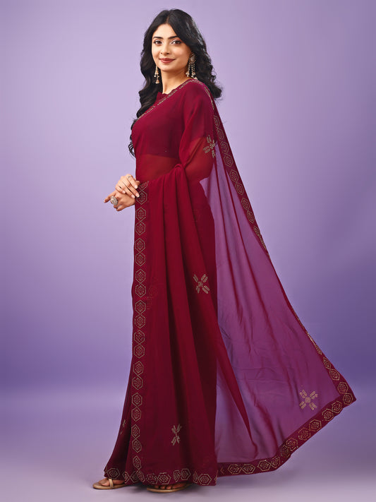Leelavati Embellished Bollywood Chiffon Saree (Maroon)