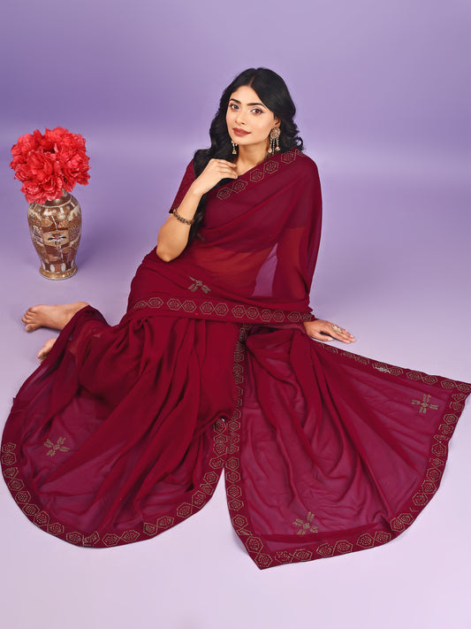 Leelavati Embellished Bollywood Chiffon Saree (Maroon)