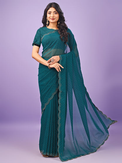 Leelavati Embellished Bollywood Chiffon Saree (Blue)