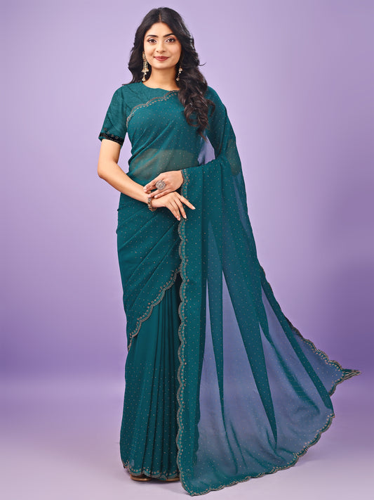 Leelavati Embellished Bollywood Chiffon Saree (Blue)