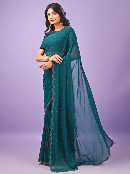 Leelavati Embellished Bollywood Chiffon Saree (Blue)