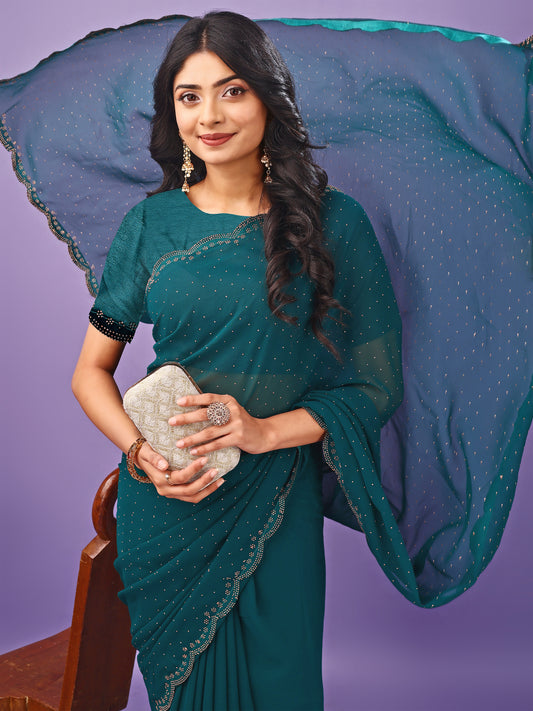Leelavati Embellished Bollywood Chiffon Saree (Blue)