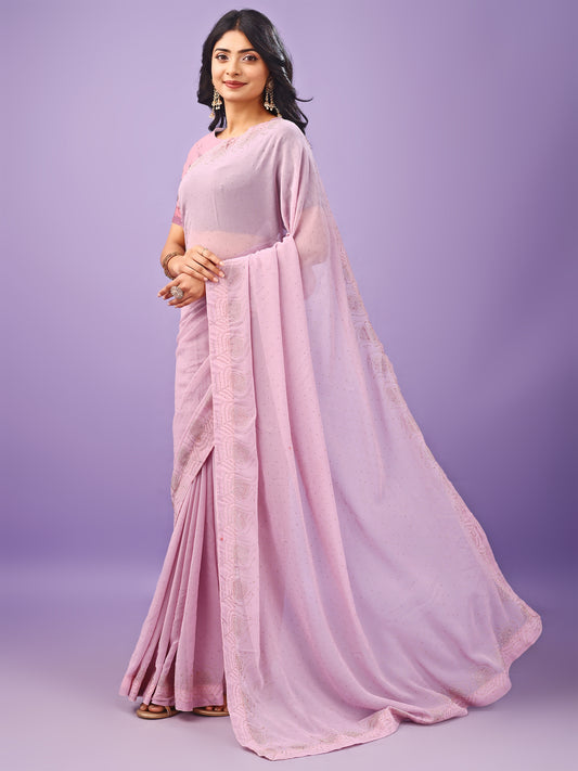 Leelavati Embellished Bollywood Chiffon Saree (Pink)