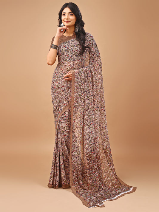 Leelavati Printed Bollywood Chiffon Saree (Beige)
