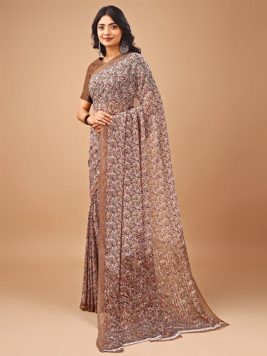 Leelavati Printed Bollywood Chiffon Saree (Beige)