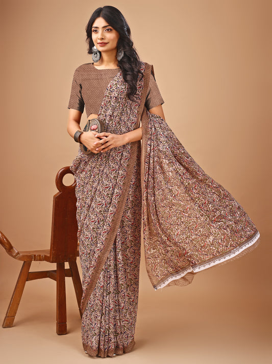 Leelavati Printed Bollywood Chiffon Saree (Beige)