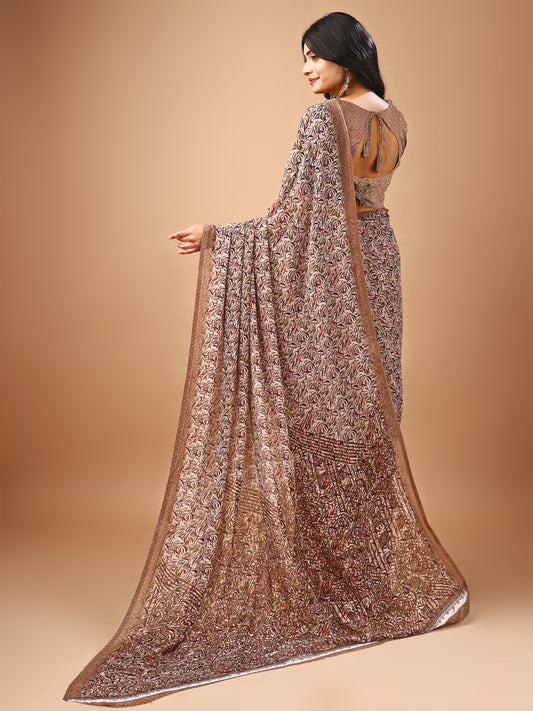 Leelavati Printed Bollywood Chiffon Saree (Beige)