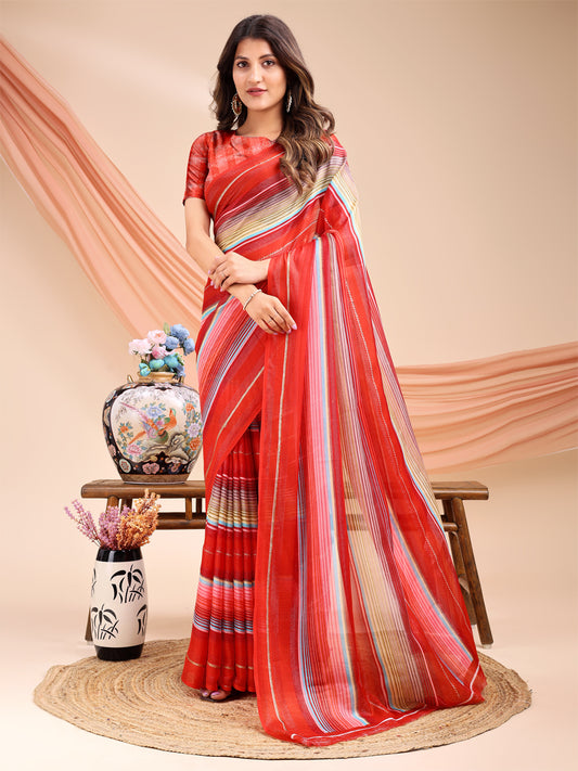 Leelavati Printed, Embellished, Embroidered Daily Wear Chiffon Saree (Red)