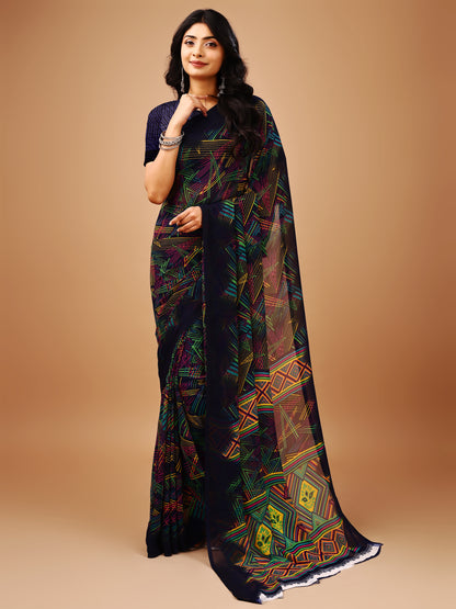 Leelavati Printed Bollywood Chiffon Saree (Dark Blue)