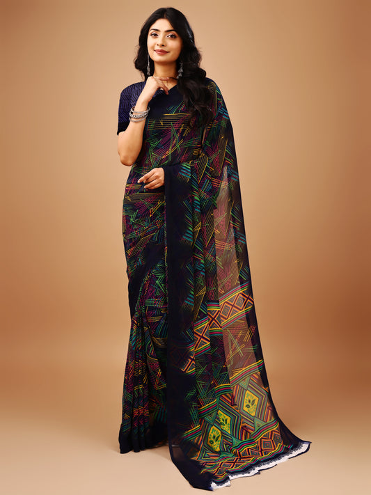 Leelavati Printed Bollywood Chiffon Saree (Dark Blue)