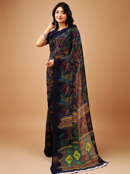 Leelavati Printed Bollywood Chiffon Saree (Dark Blue)