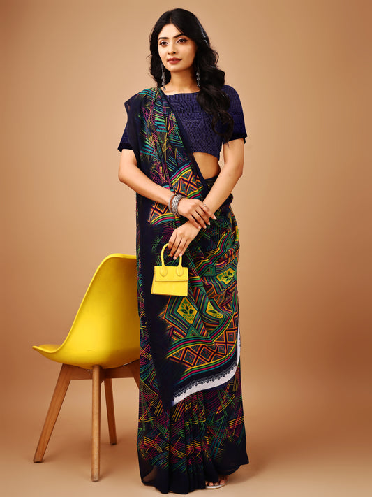 Leelavati Printed Bollywood Chiffon Saree (Dark Blue)
