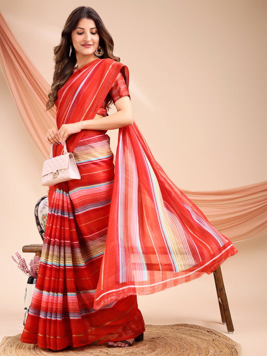 Leelavati Printed, Embellished, Embroidered Daily Wear Chiffon Saree (Red)