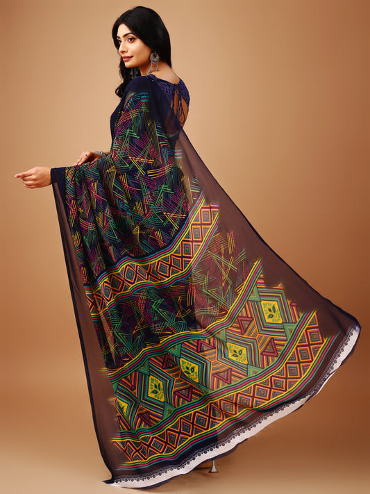 Leelavati Printed Bollywood Chiffon Saree (Dark Blue)