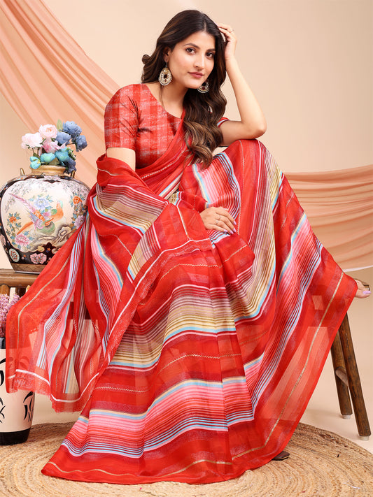 Leelavati Printed, Embellished, Embroidered Daily Wear Chiffon Saree (Red)